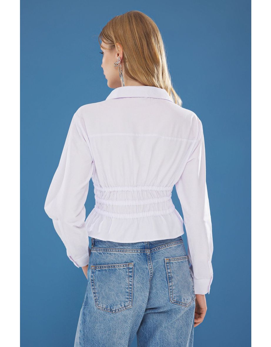 White Chest and Waist Tight Tie Detail Fitted Woven Shirt - 4