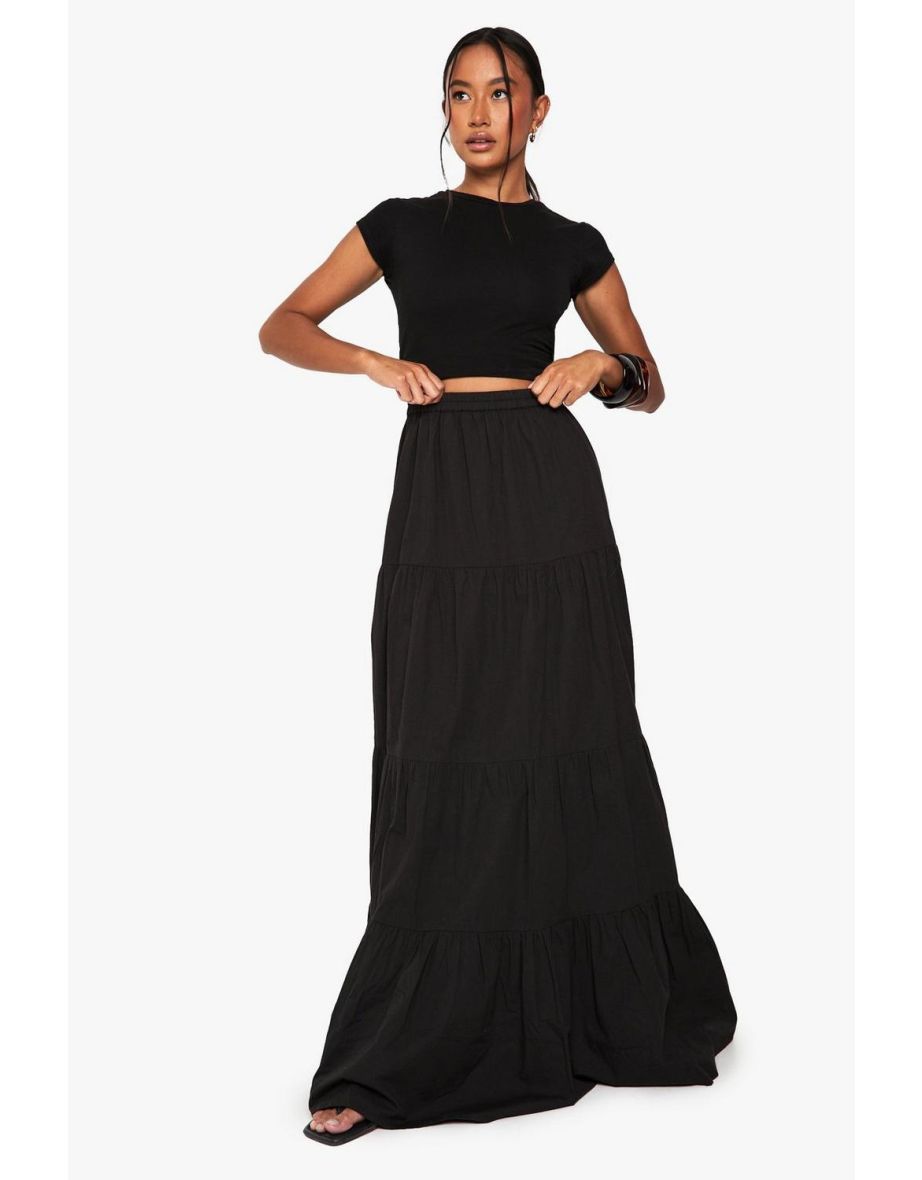 Tiered Cotton Poplin Maxi Skirt - black