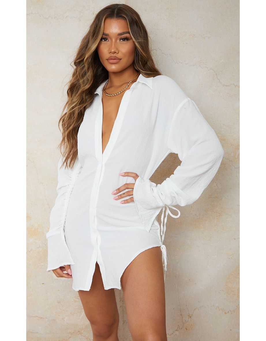 White Crinkle Ruched Detail Button Down Shirt Dress