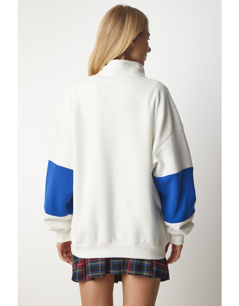 Women's White Blue Color Block Print Oversized Sweatshirt - 4
