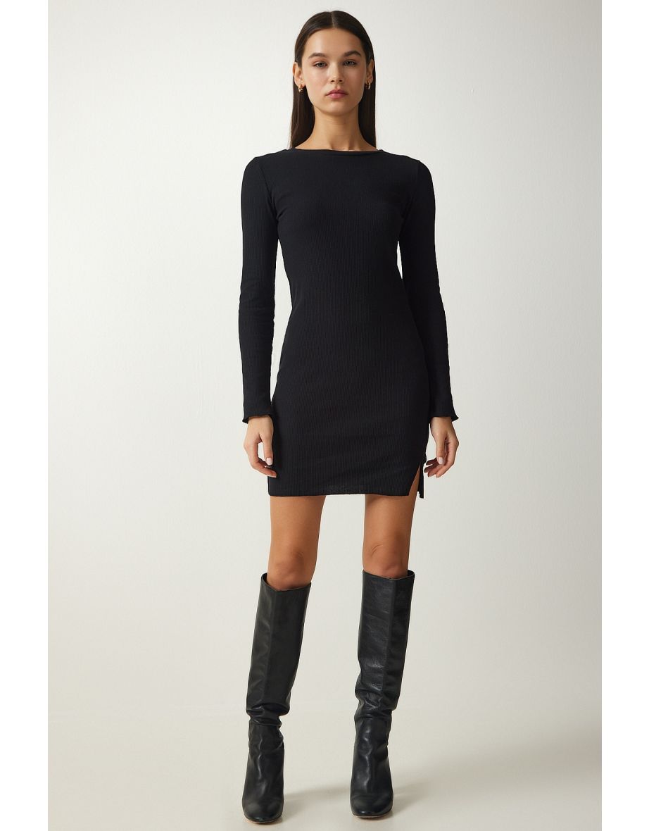 Women's Black Mini Slit Ribbed Knitted Dress