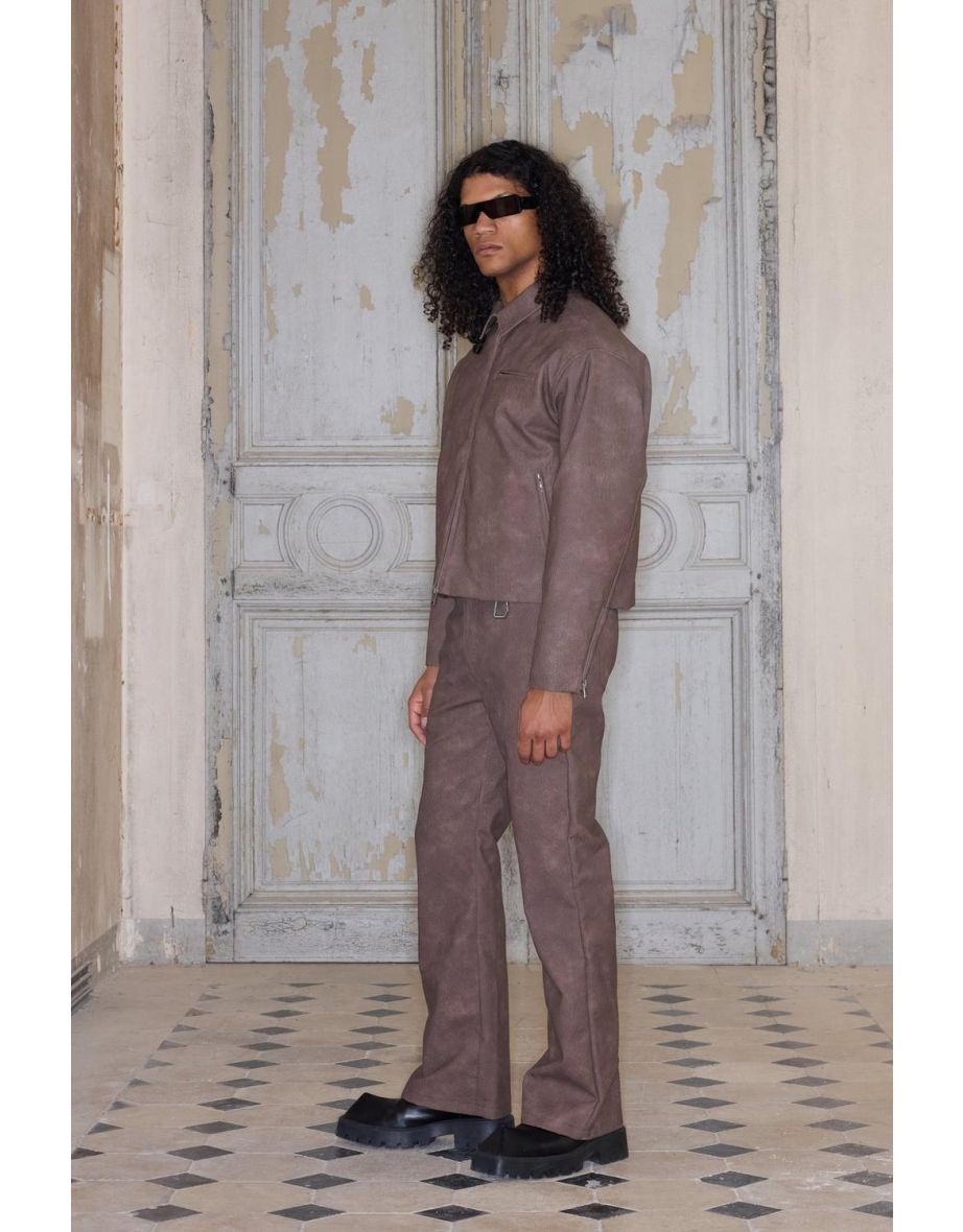 Premium Baggy Faux Leather Trousers In Brown - 2
