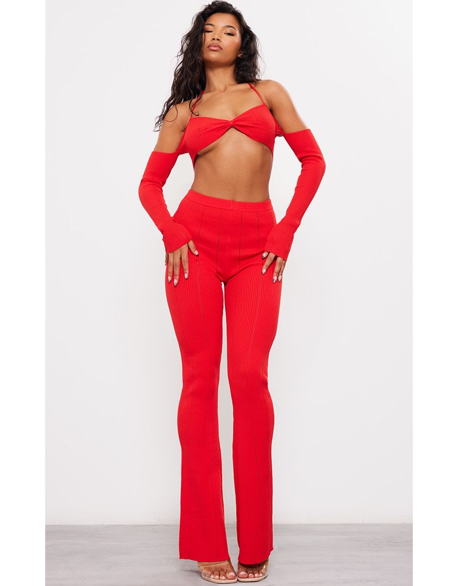 Red Rib Knit Flared Trousers