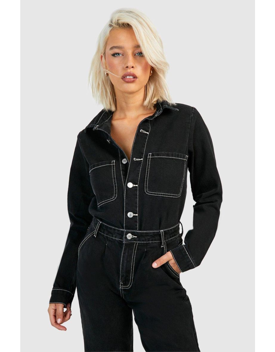 Contrast Stitch Denim Shirt - black