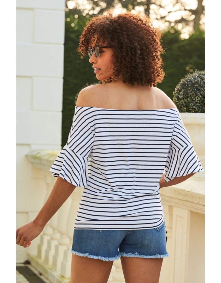 White & Black Stripe Fluted Sleeve Jersey Bardot Top - 4