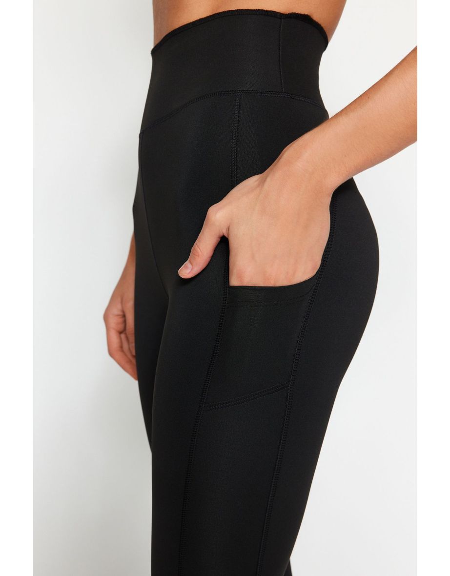 Black Matte Full Length Knitted Sports Leggings with Extra Absorption Layer - 6