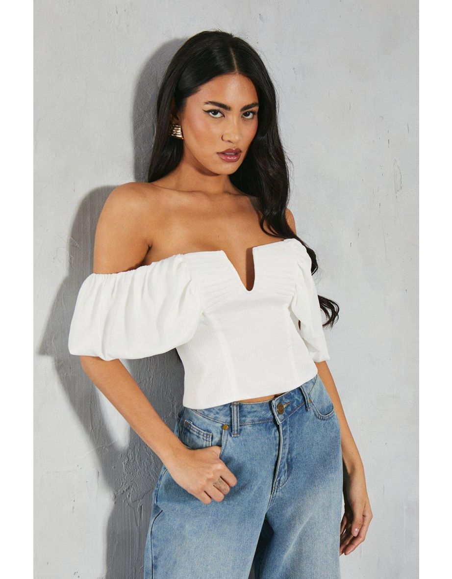 Textured Satin Pleated Bust Frill Bardot Top - 3