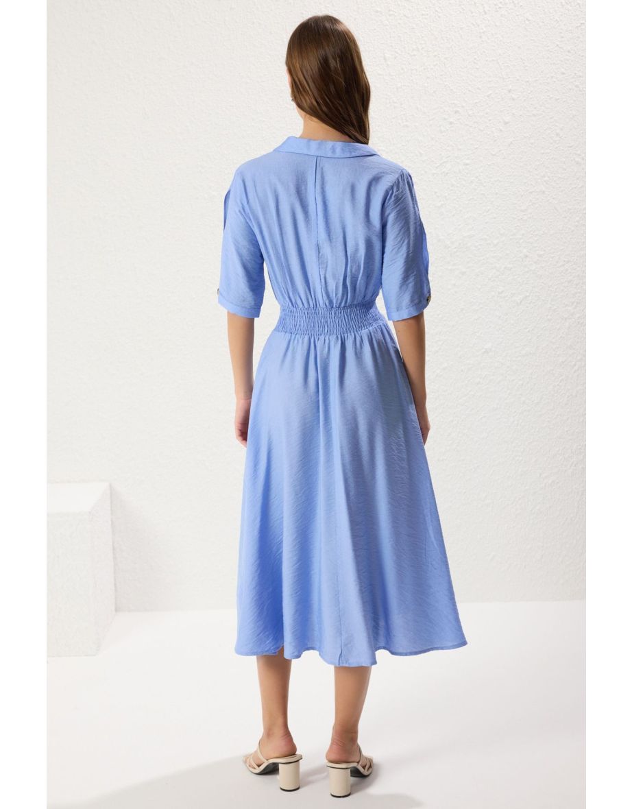 Blue Plain Gipel Midi Woven Dress - 5