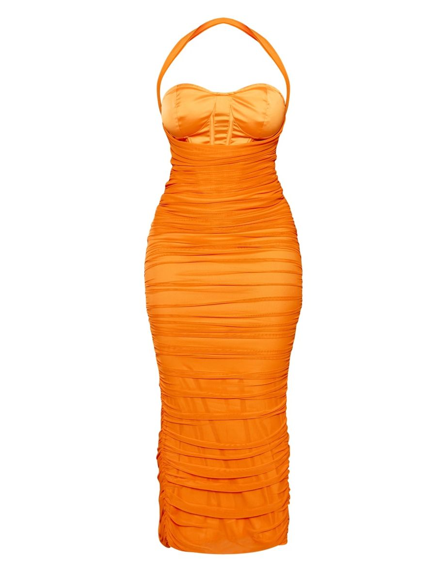 Shape Orange Mesh Corset Detail Ruched Maxi Dress - 4