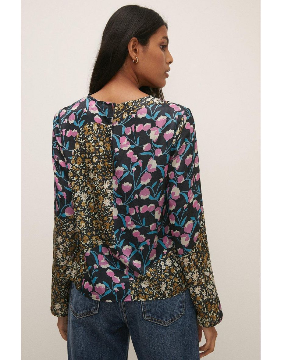 Asymmetric Floral Print Long Sleeve Satin Top - 2