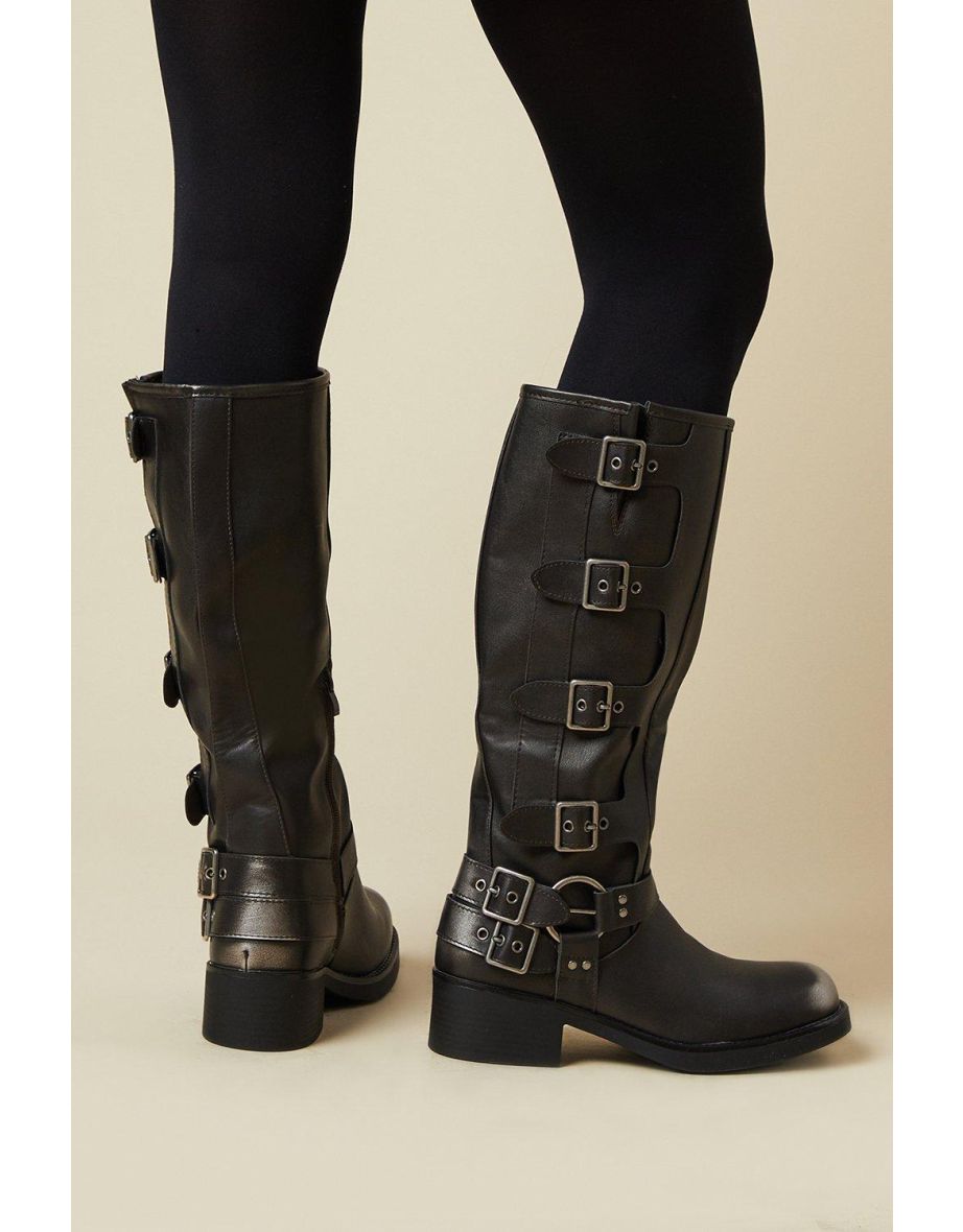 Faith For Warehouse Jimena Multi Buckle Knee High Biker Boot