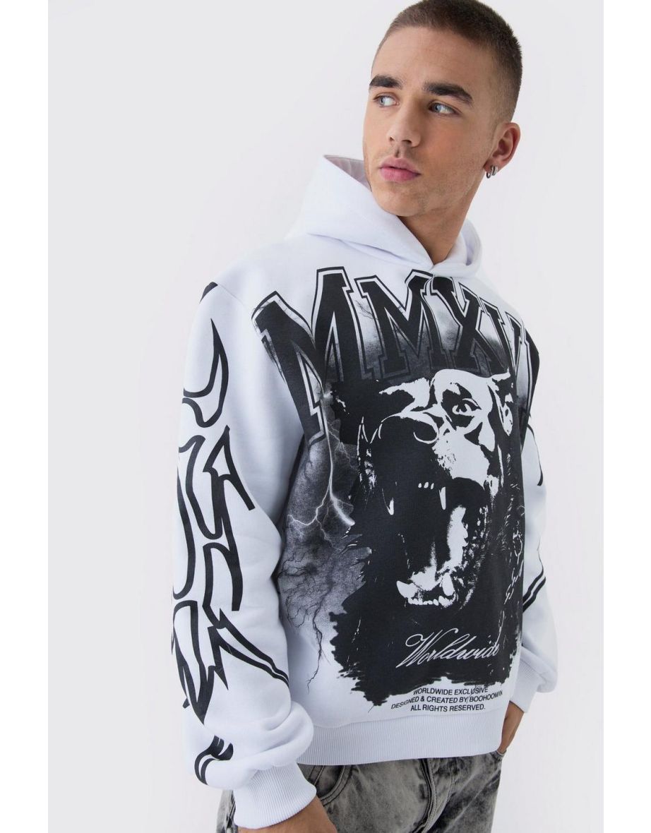 Oversized Over Seams Rottweiler Lightning Graphic Hoodie - white
