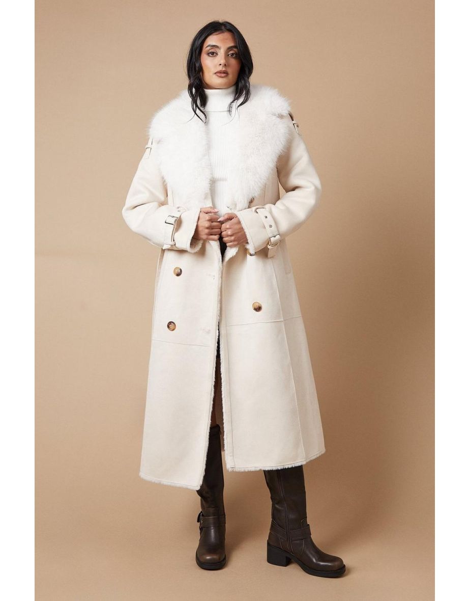 Suede Faux Fur Belted Double Breasted Coat