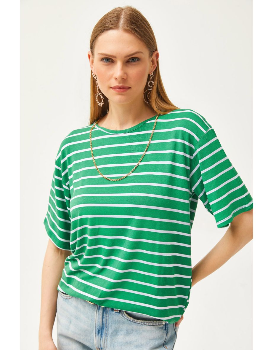 Women's Grass Green Striped Casual T-Shirt