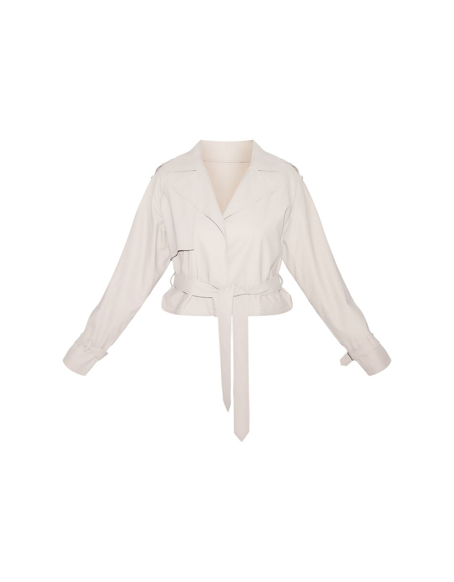 Plus Beige Rubberised Loose Fit Cropped Trench Coat - 4