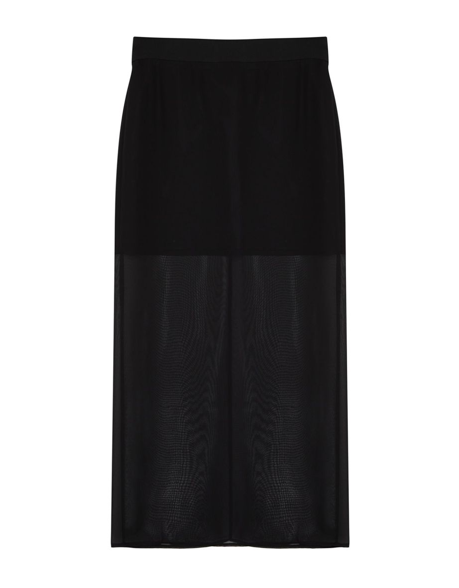 Black Chiffon Fabric Midi Length Woven Skirt with Side Slit Detail - 7