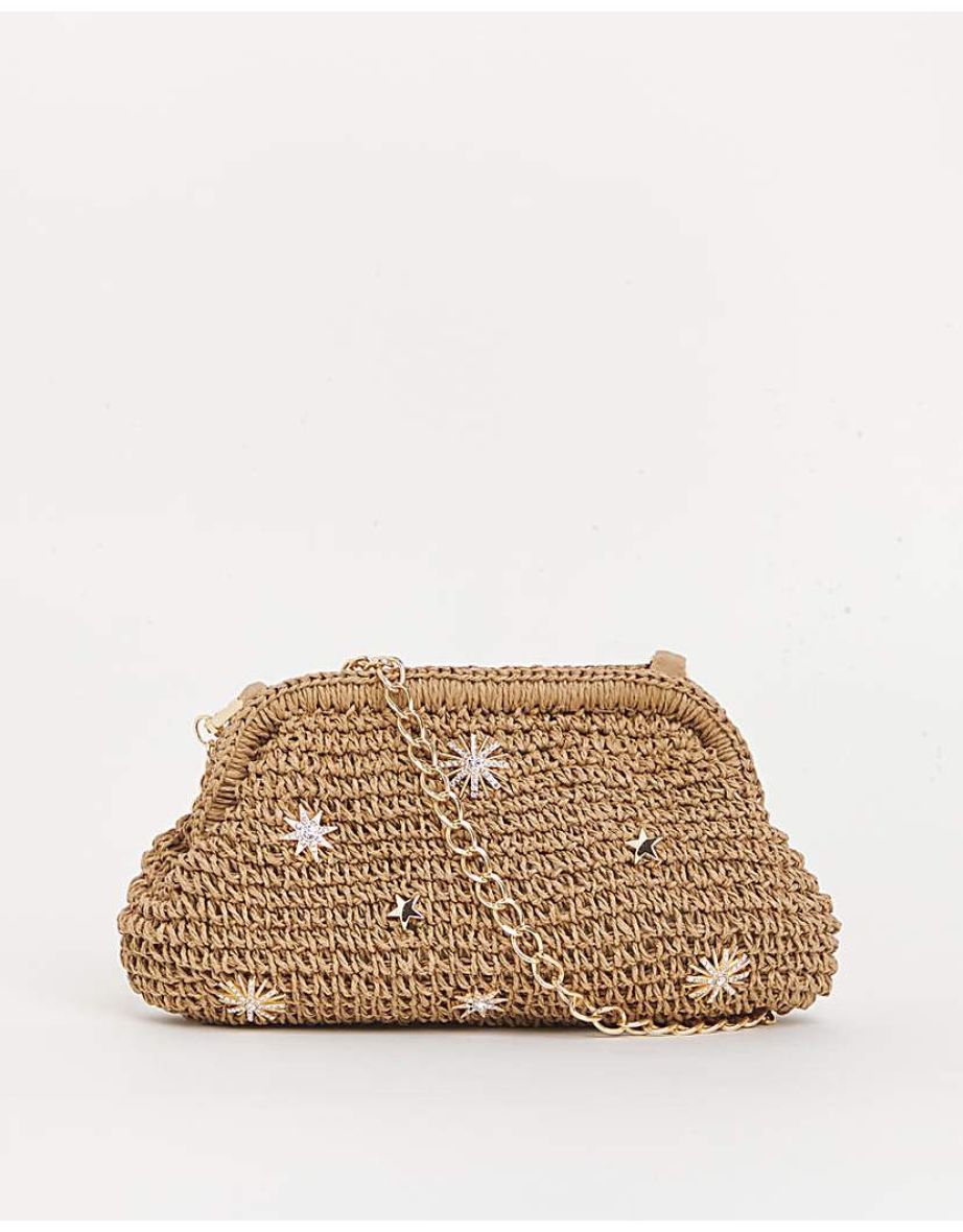 Raffia Star Studded Clutch Bag
