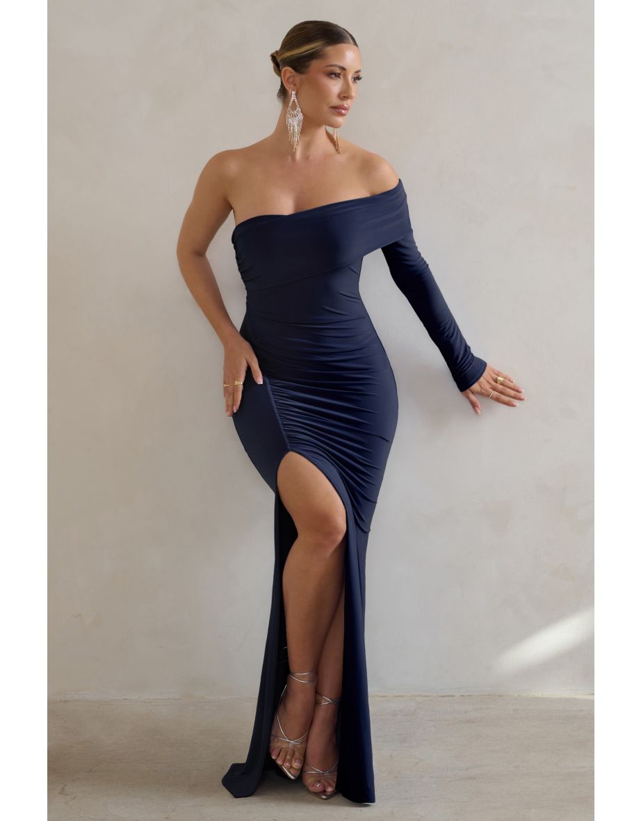 Meghan | Navy Bardot Neck Thigh Split Fishtail Maxi Dress - 4