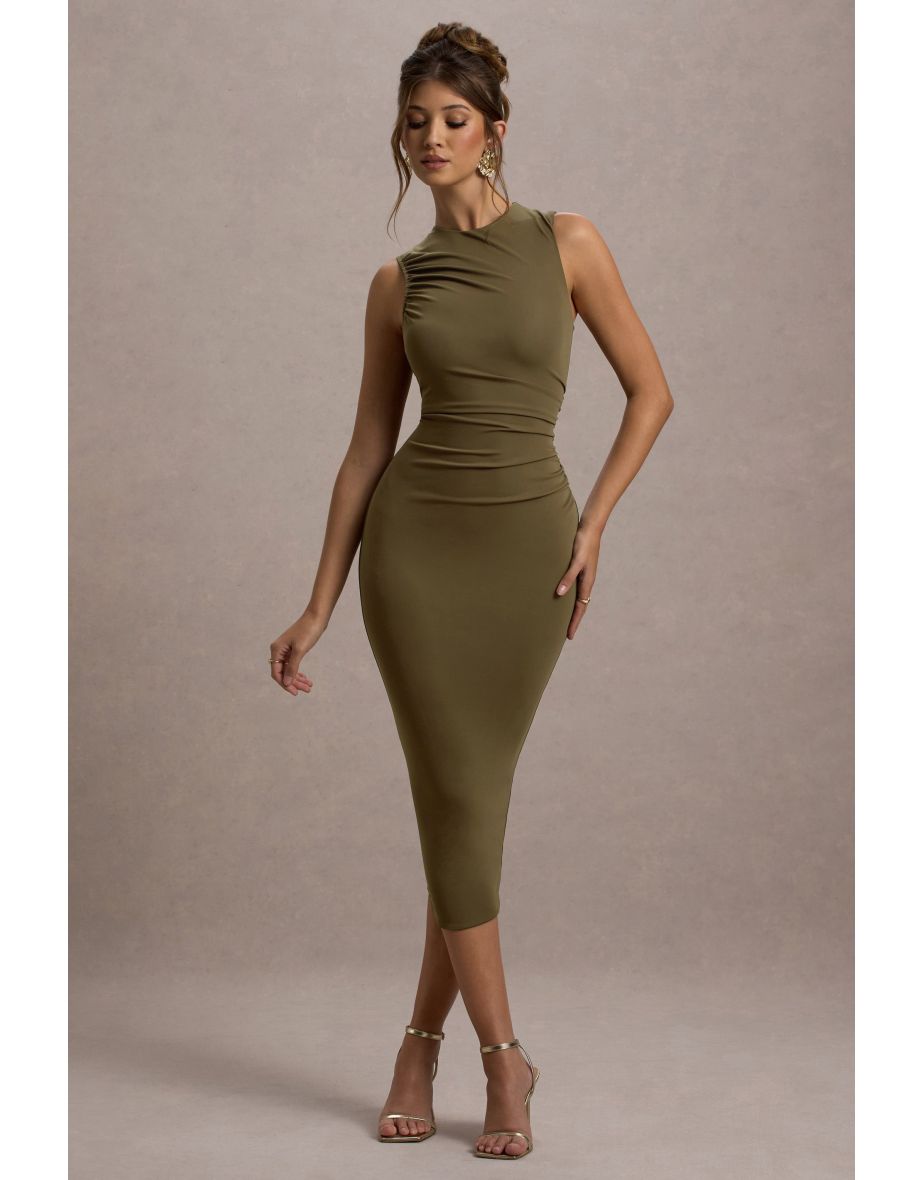 Jemma | Khaki Bodycon Ruched Midi Dress