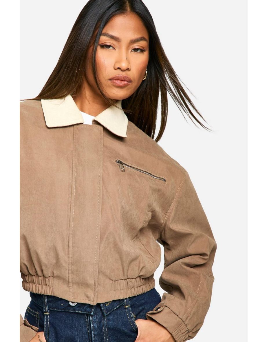 Contrast Collar Cropped Barn Jacket - light brown - 3