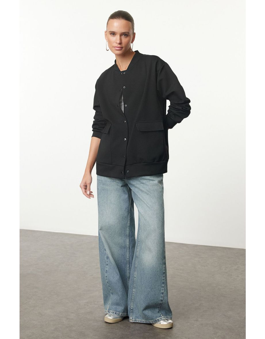 Black Snap Detailed Relaxed Fit Jacket