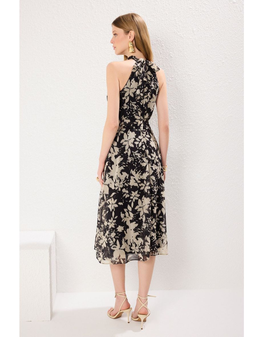 Black Belted Floral Belted Midi Woven Dress - 3