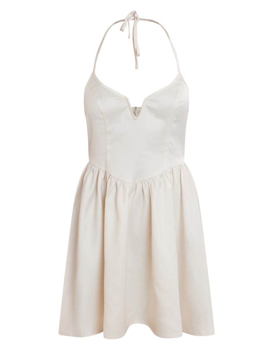 Champagne Satin Halterneck Plunge Skater Dress - 4