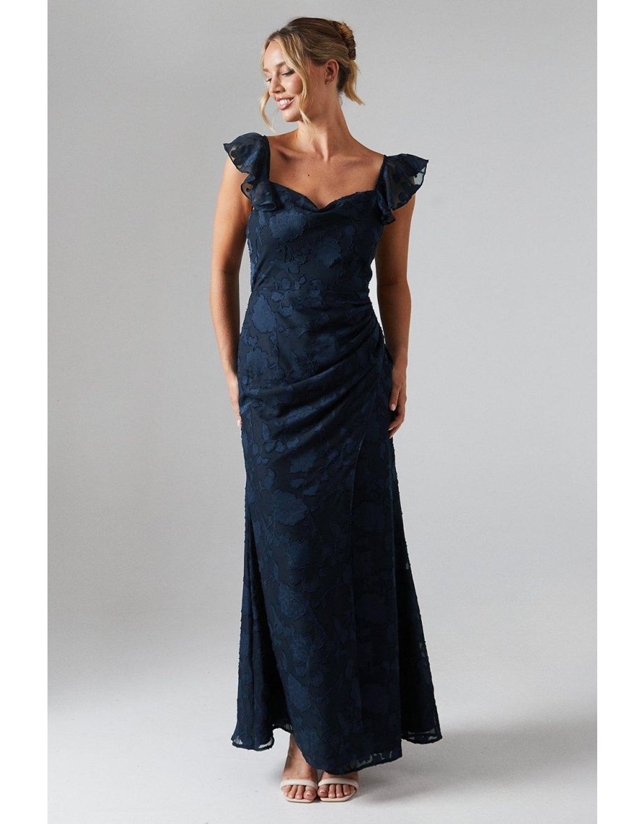 Floral Detail Fabric Ruche Front Bridesmaids Dress