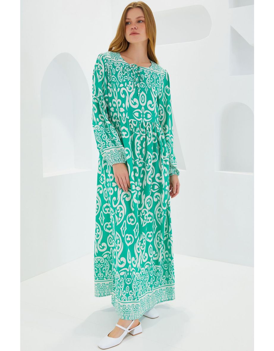 Women's Green Ecru Patterned Long Viscose Dress - 4