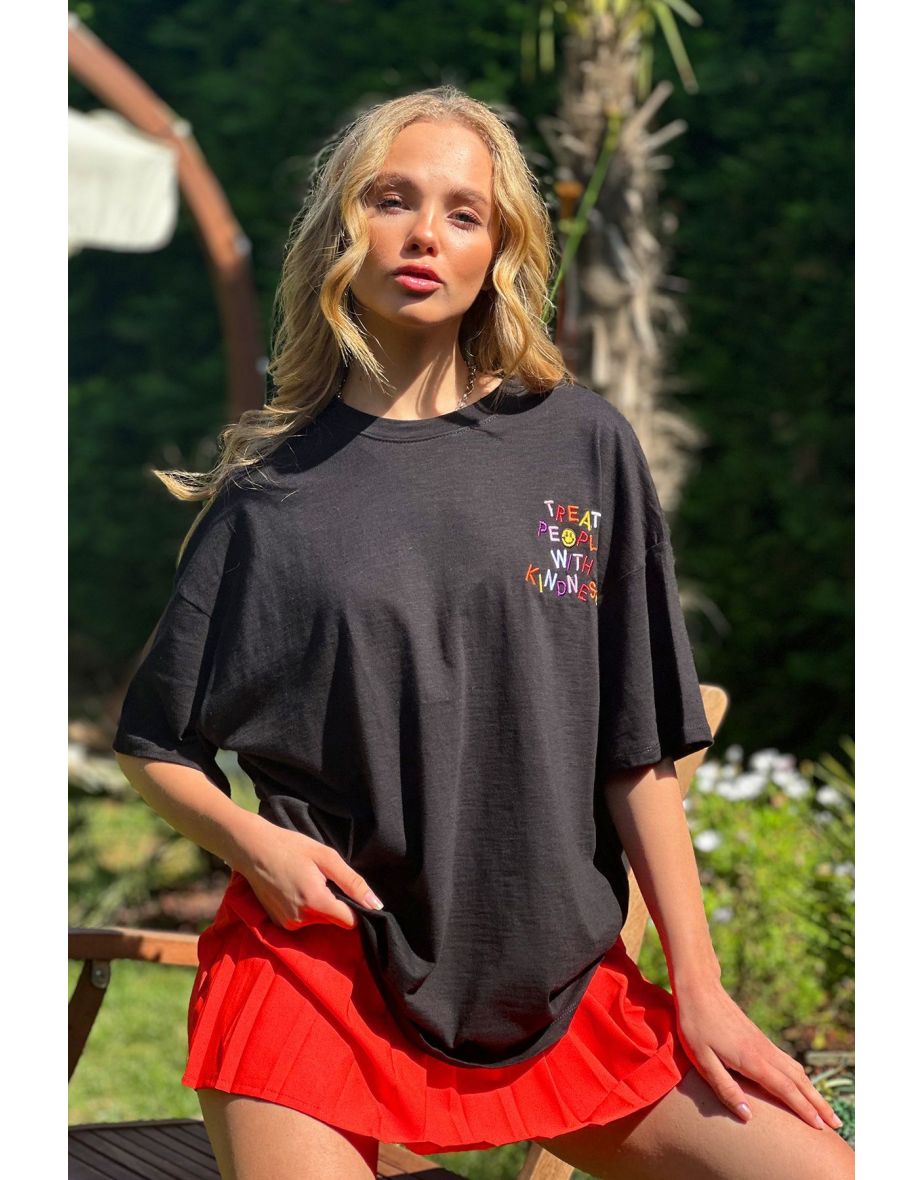 Women's Black Crew Neck Emoji Embroidered Oversize T-Shirt