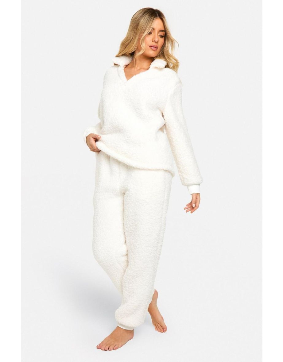 Fluffy Fleece Collared Sweat And Jogger Set - cream