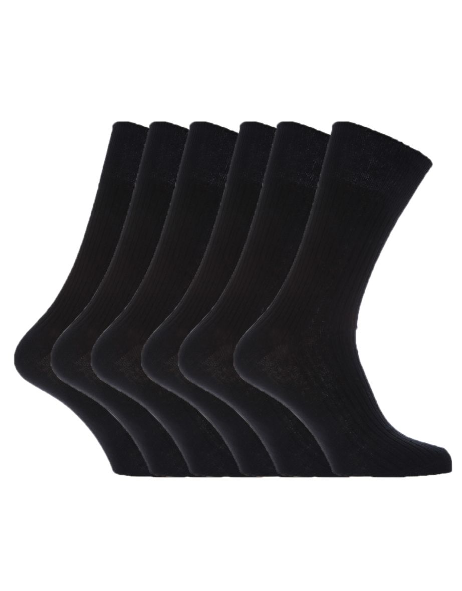 Mens 100% Cotton Non Elastic Top Gentle Grip Socks (Pack Of 6) - Black - 1