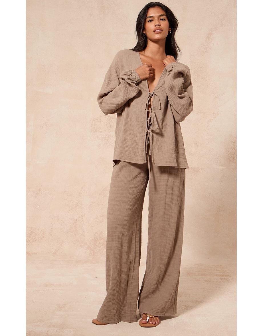 Clay Cheesecloth Textured Tie Front Shirt