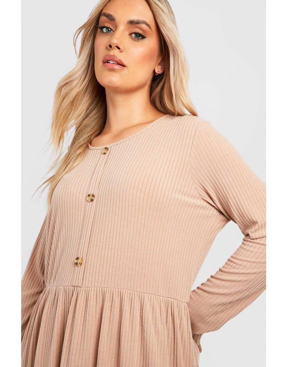 Plus Soft Rib Button Smock Dress - taupe - 3