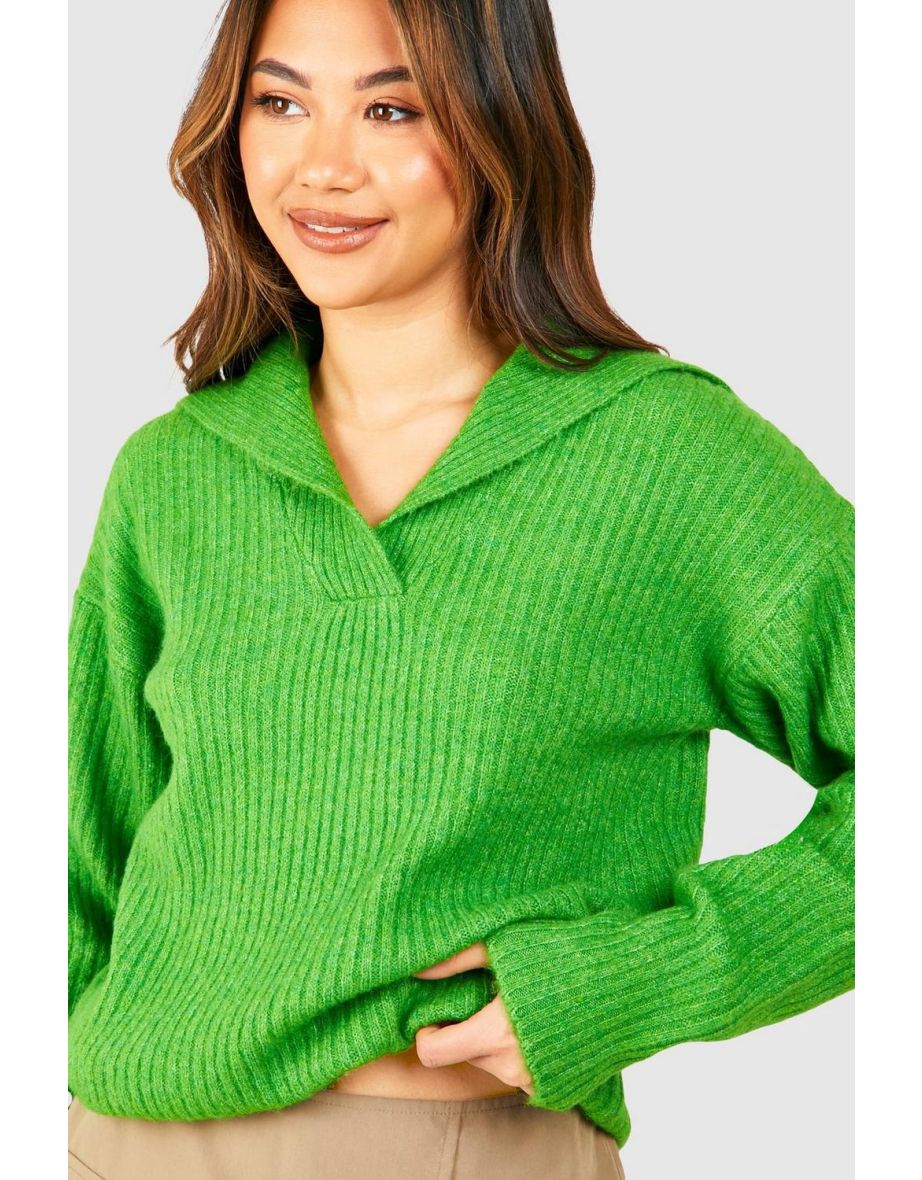 Soft Rib Knit Polo Collar Jumper - green - 3