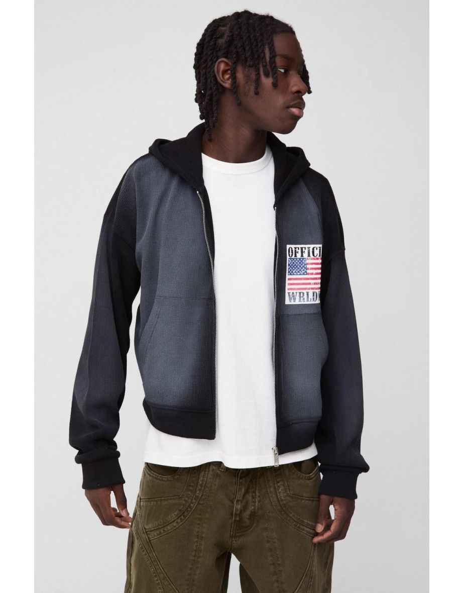 Shrunken Fit Waffle Sun Fade Printed Zip Through Hoodie