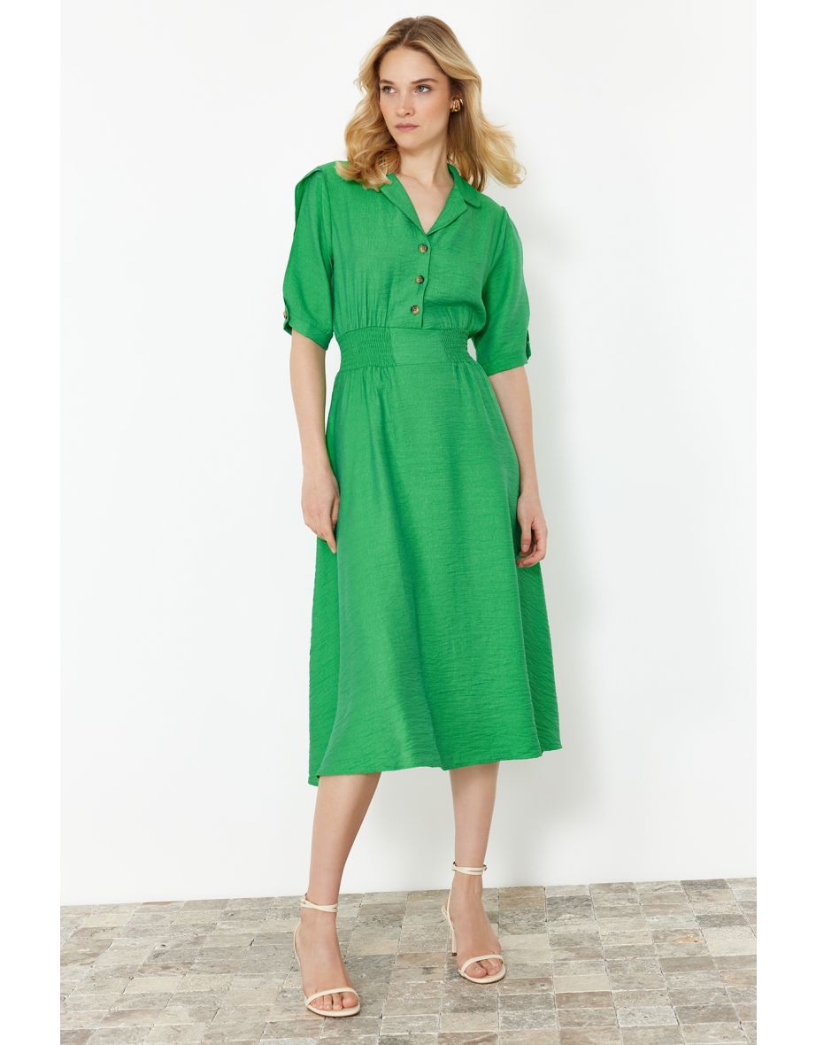 Green A-line Shirt Collar Guiped Woven Dress