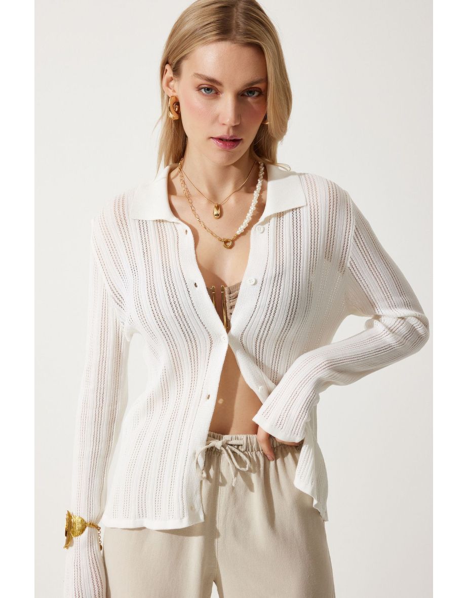 Women's Bone Polo Collar Summer Curved Knit Cardigan