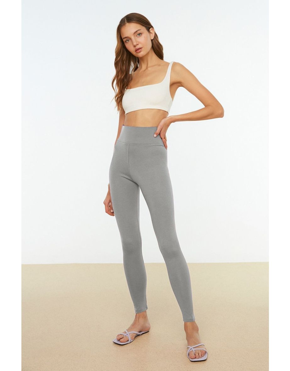 Dark Gray High Waist Knitted Tights with Elastic Waist