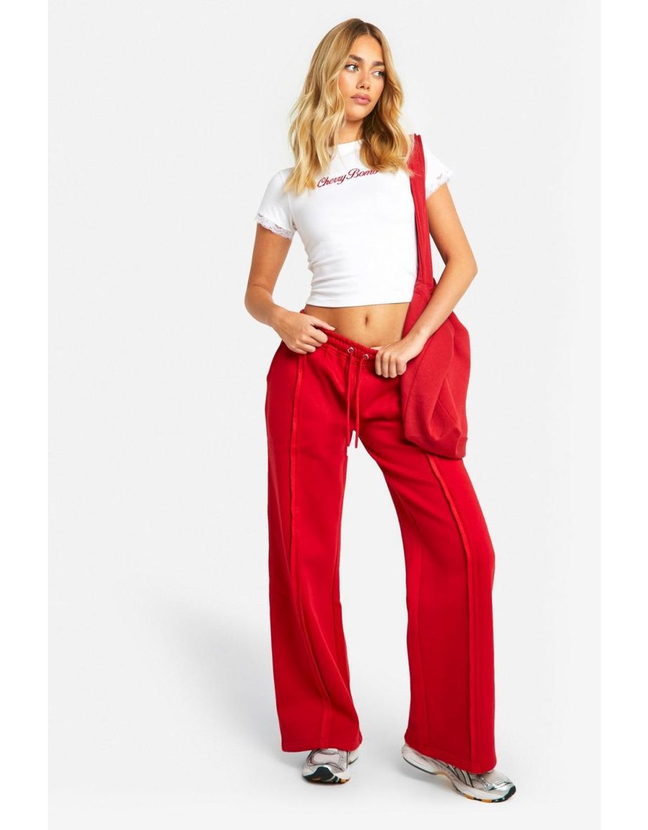 Cherry Bomb Lace Trim Baby Tee And Exposed Seam Jogger Set - red