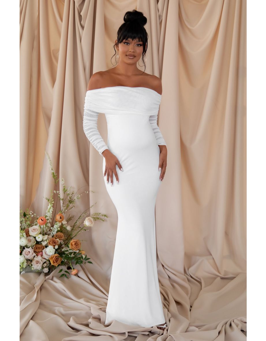 White Maternity Ruched Mesh Bardot Maxi Dress - 4
