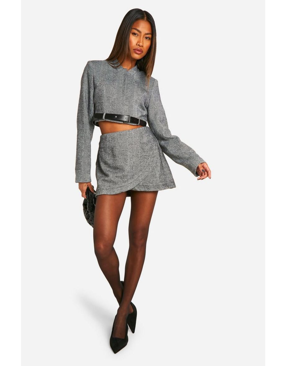 Herringbone Belt Detail Cropped Blazer - black