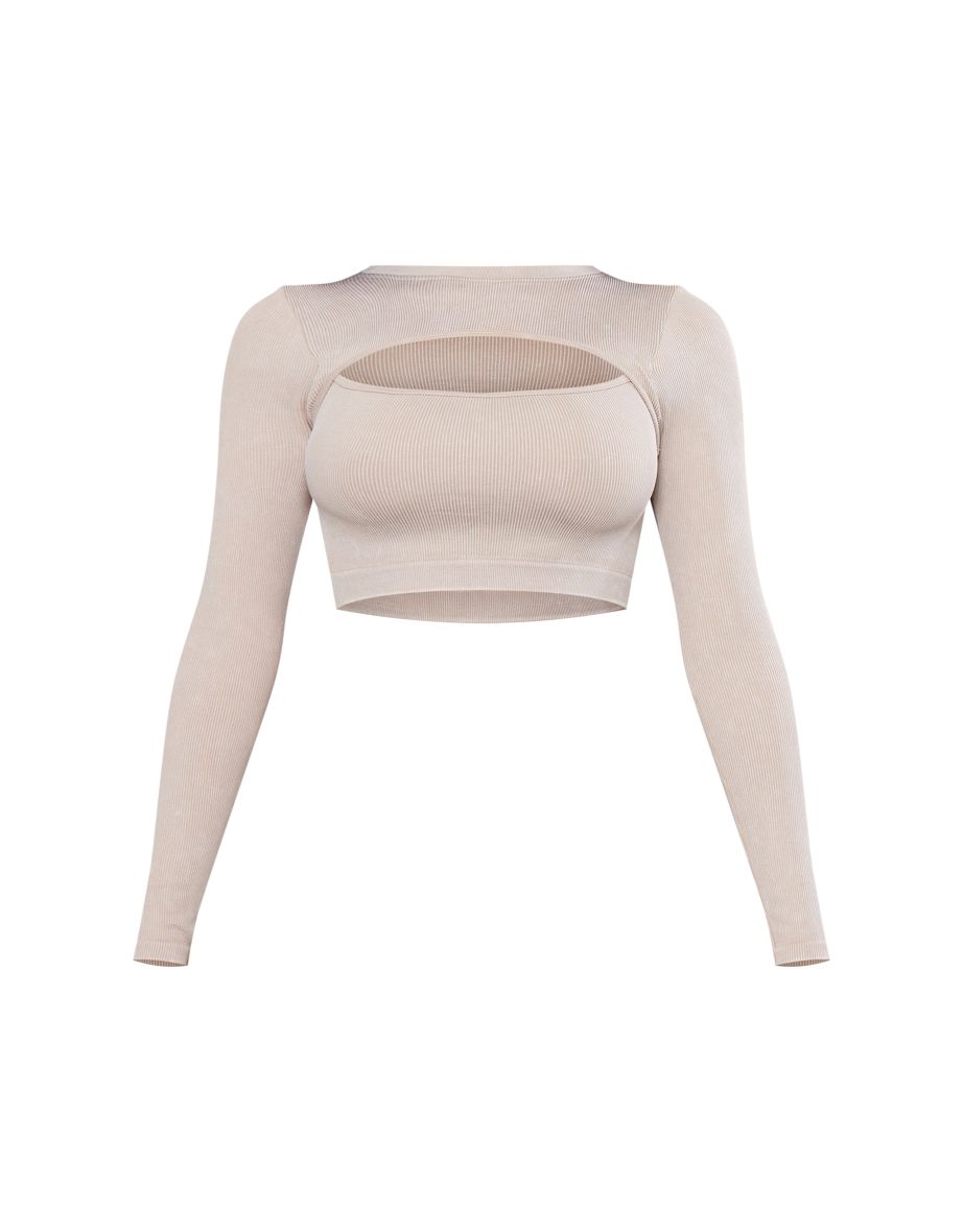 Oatmeal Acid Wash Seamless Cut Out Long Sleeve Crop Top - 4