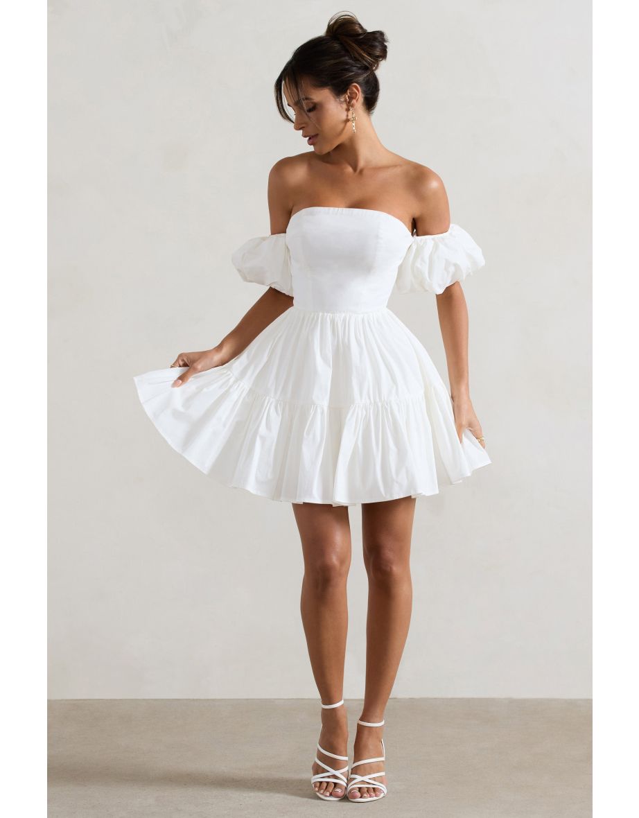 Lani | White Poplin Bardot Tiered Mini Dress With Puff Sleeves