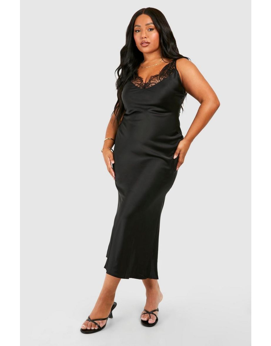 Shop Plus Lace Trim Satin Slip Midaxi Dress black Online in Qatar VogaCloset