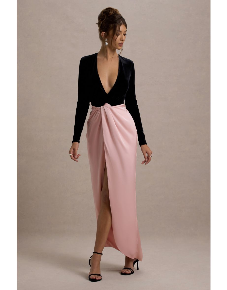 Love Spell | Black Velvet Plunge-Neck Maxi Dress With Pink Satin Skirt - 5