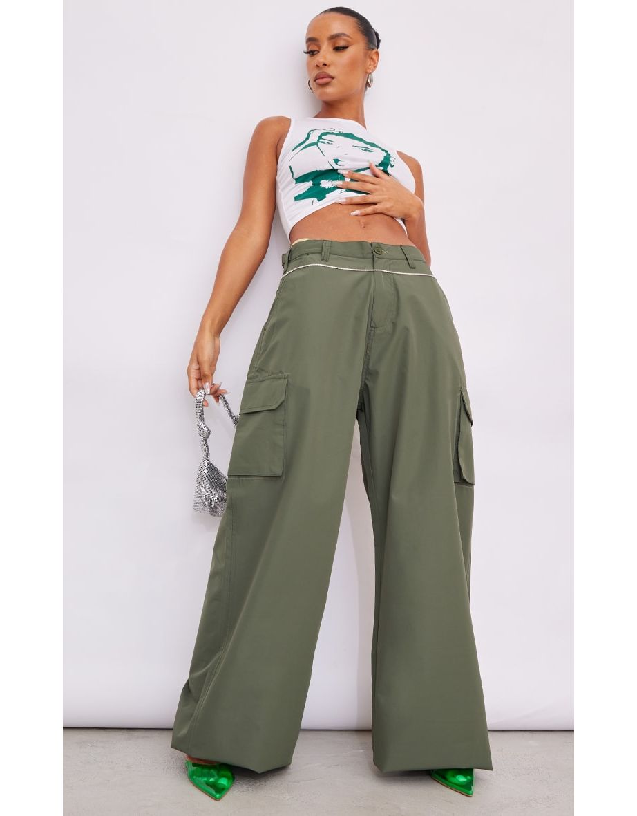 Khaki Pocket Side Coated Wide Leg Cargo Bottoms