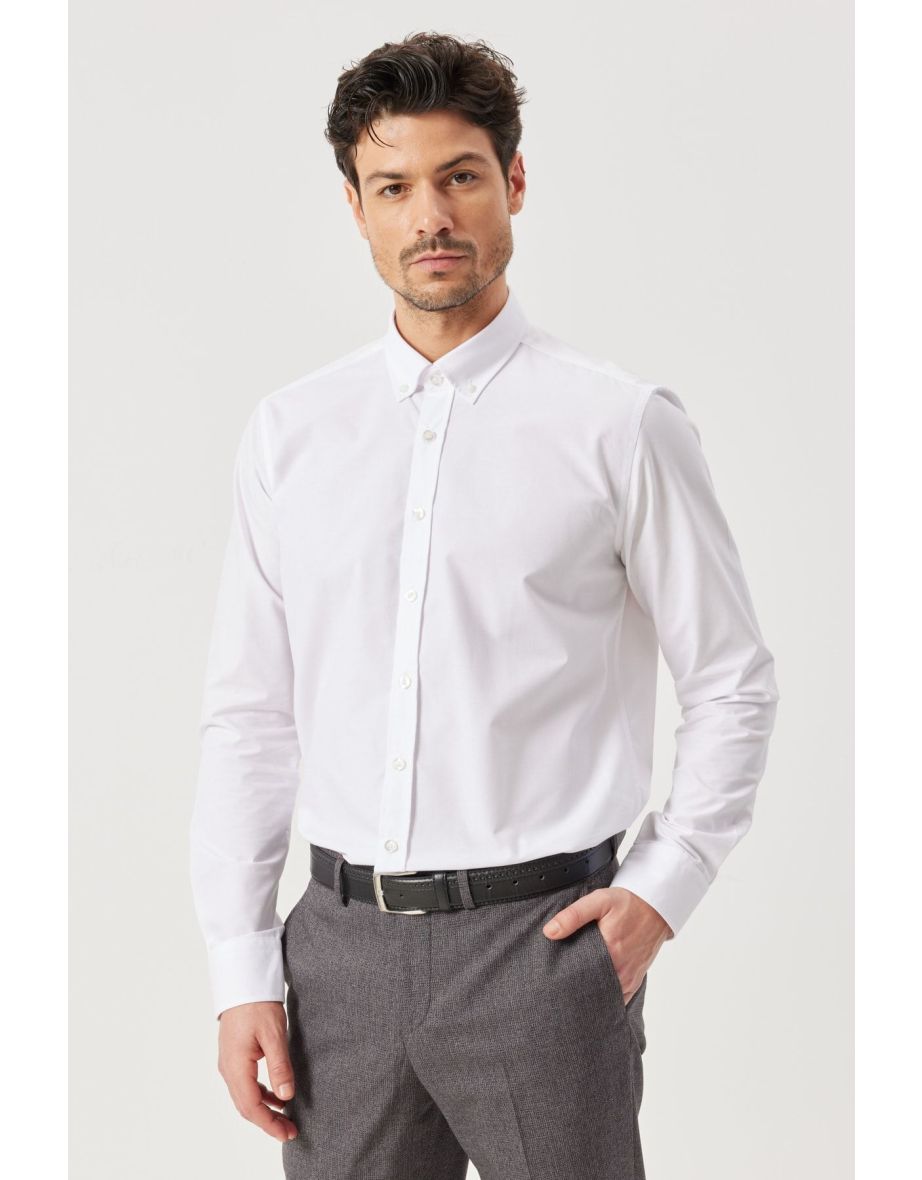 Men's White Slim Fit Narrow Cut Button Collar Patterned Shirt
