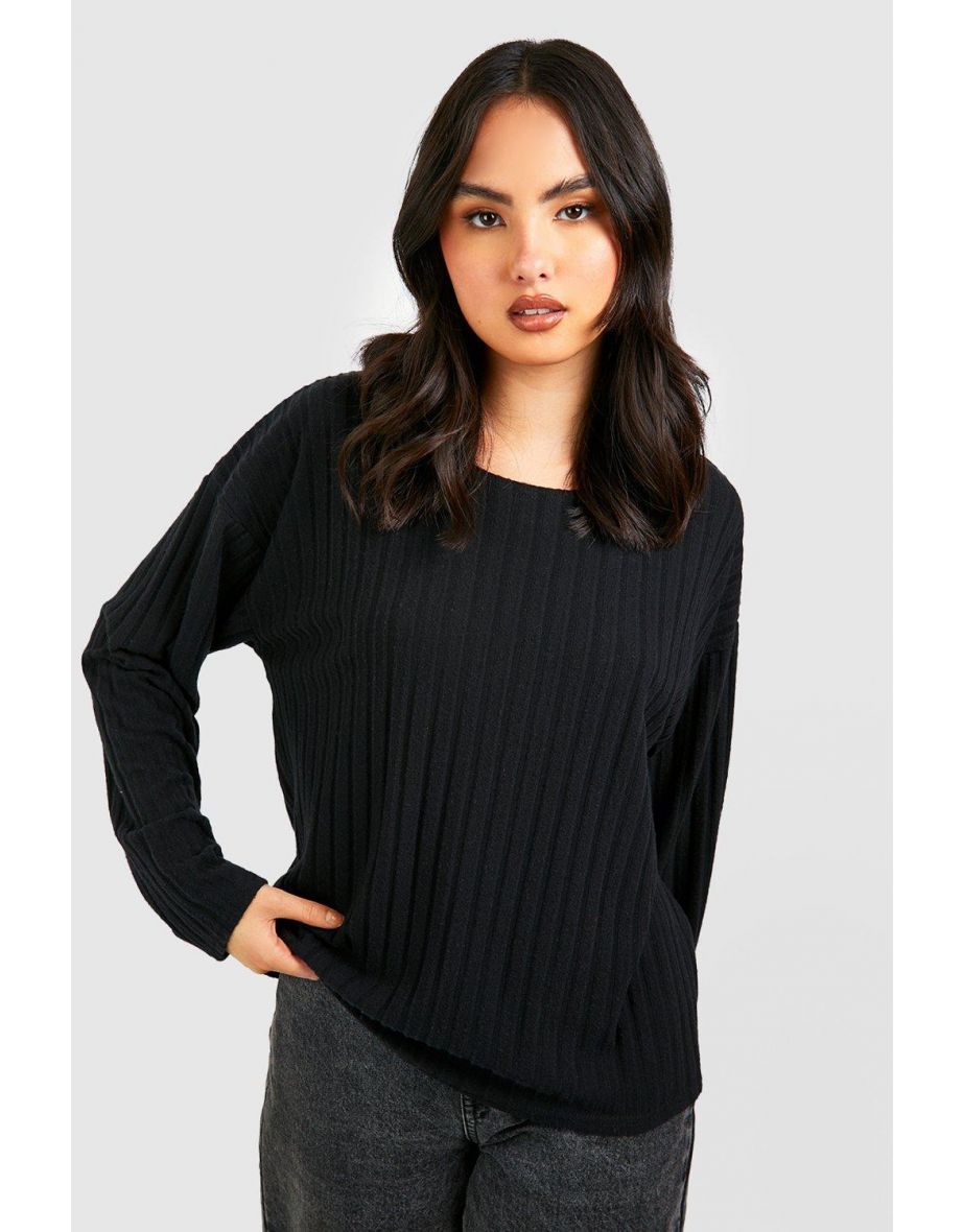 Brushed Jumbo Rib Long Sleeve Slouch Top - black