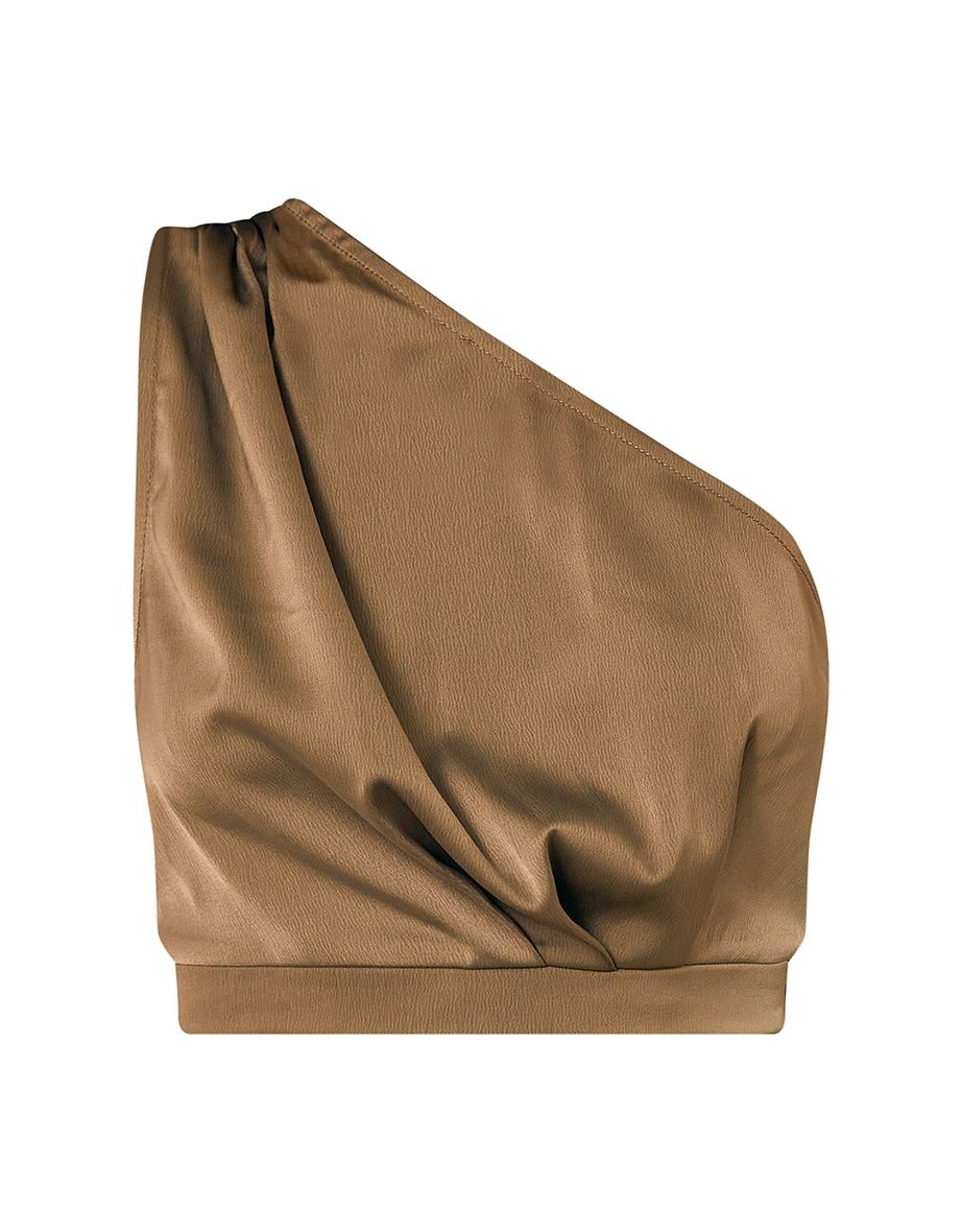 Khaki Structured Satin One Shoulder Sleeveless Crop Top - 4